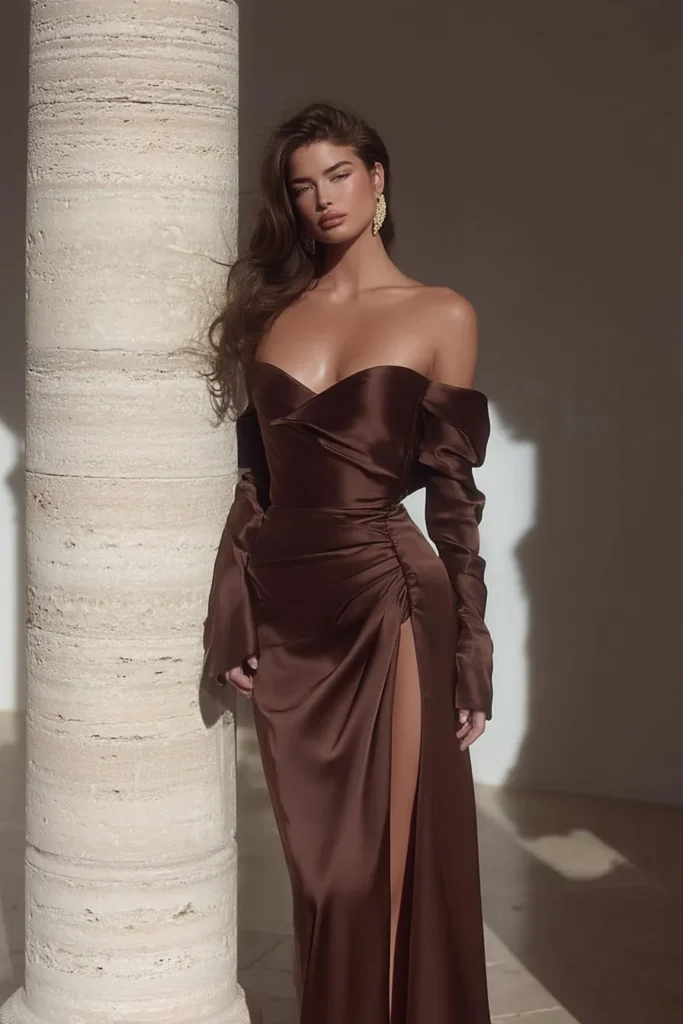 Elegant brown formal fall wedding guest dress showcasing off-shoulder long sleeves, figure-hugging silhouette, wrap-front design, and sophisticated maxi length with side split