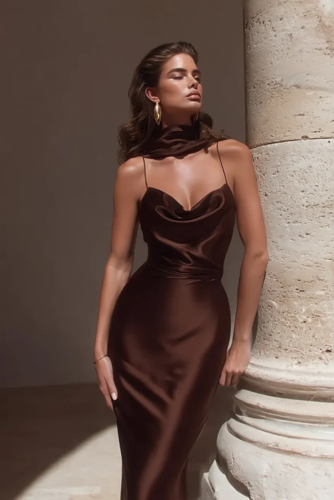 Elegant brown wedding guest dress with flowing cowl drape bodice, sleek spaghetti strap styling, and figure-flattering midi length cut for special occasion wear
