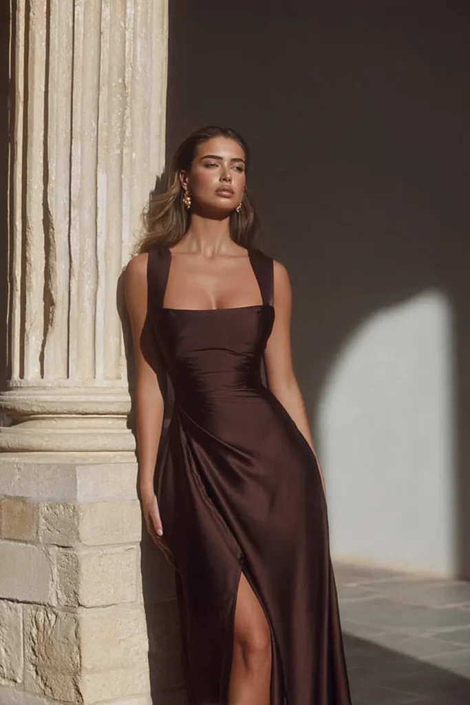 Elegant chocolate brown old money wedding guest dress featuring classic square neckline, structured bodice, sleeveless design, and sophisticated floor-length silhouette with side slit