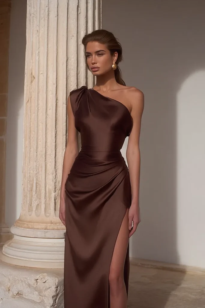 Elegant fall wedding guest dress featuring goddess-inspired one-shoulder cut, ruched detailing, and floor-length hemline with side leg split