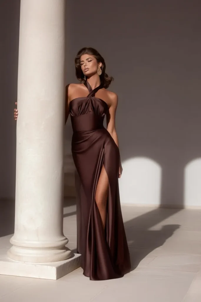 Elegant fall wedding guest dress with halter-style crossover bodice, body-hugging fit, and statement side split in seasonal chocolate brown color