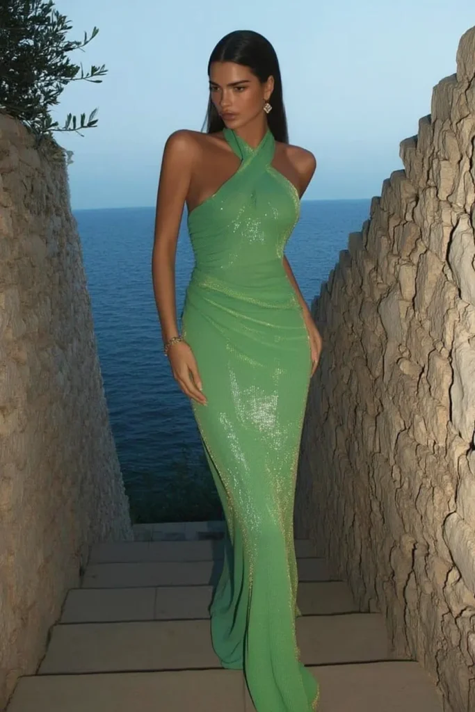 Elegant green sequin halter dress with cross-front neckline perfect for vacation outfits women styled on Mediterranean coastal terrace