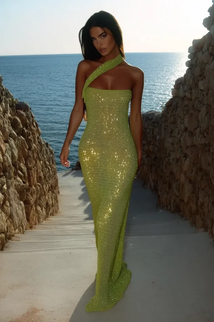 Elegant island vacation outfits look featuring woman wearing floor-length  sequined dress with asymmetrical cut, long hair, gold bracelet, posed against turquoise water views