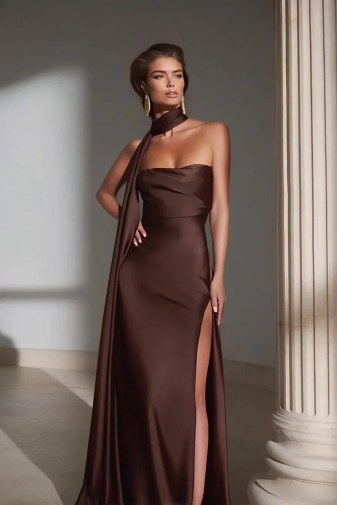 Elegant wedding guest dress in rich chocolate brown featuring strapless bodice with asymmetrical neck scarf detail and dramatic thigh-high slit