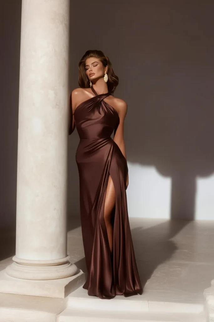 Fall wedding guest dress in rich chocolate brown featuring crossover halter neckline, draped bodice, and high side slit in luxurious satin fabric