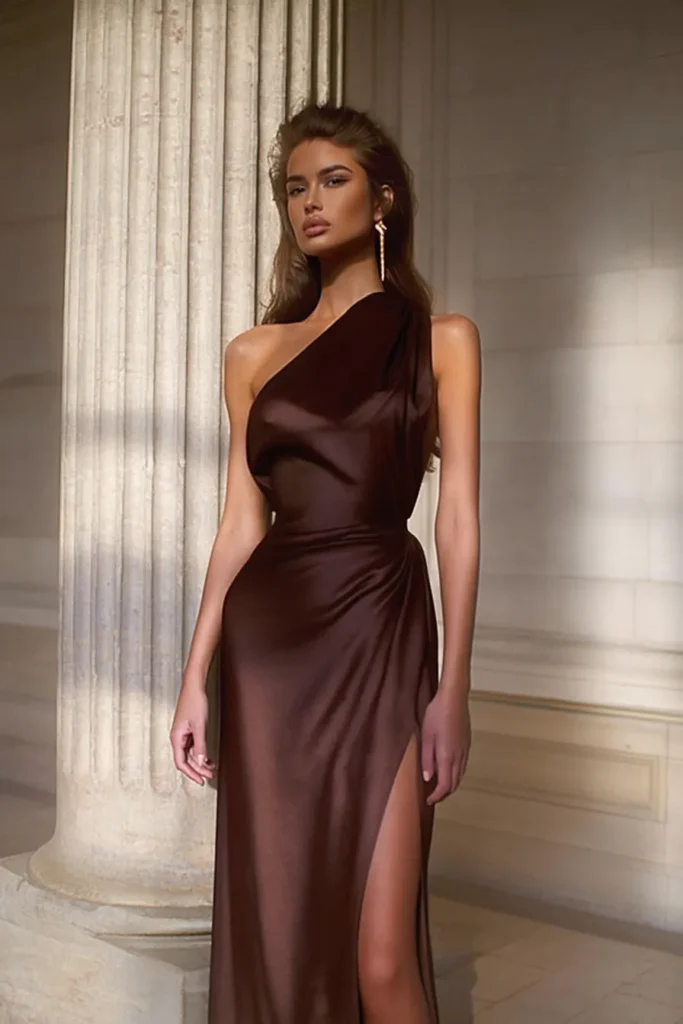 Fall wedding guest dress in rich chocolate brown featuring one-shoulder design, draped silhouette, and elegant side slit for autumn ceremonies