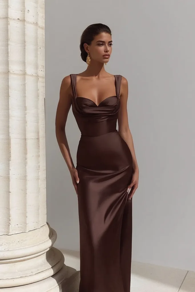 Fall wedding guest dress in rich chocolate brown featuring sweetheart neckline, thick shoulder straps, and form-fitting column silhouette in luxurious satin