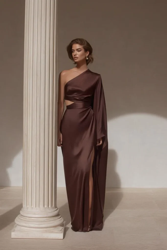 Formal wedding guest dress in rich chocolate brown featuring one-shoulder design with cutout waist detail and dramatic floor-length silhouette in luxurious satin