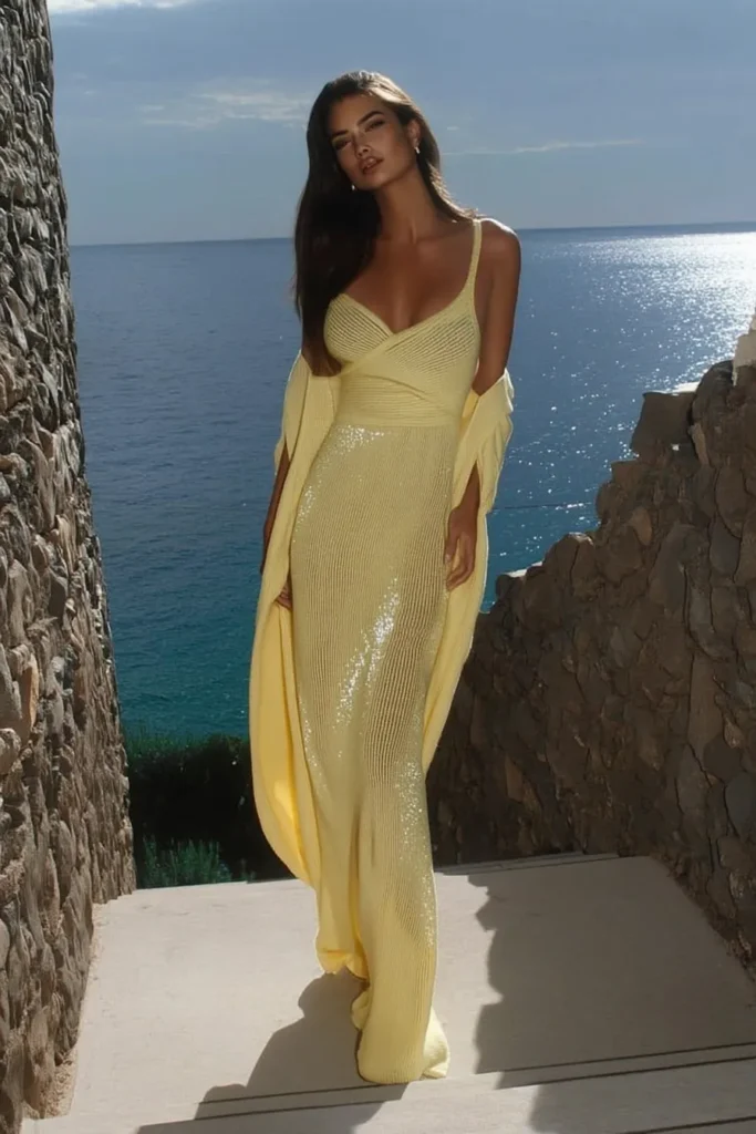 Glamorous Italy vacation outfits inspiration featuring shimmering gold evening dress worn by brunette model on Italian Riviera clifftop location