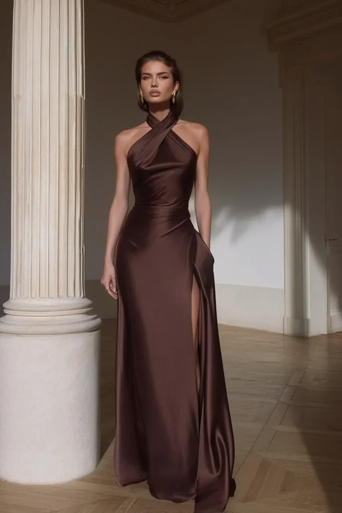 Glamorous fall wedding guest dress featuring halter neckline, cinched waist detailing, and flowing skirt with high slit in deep brown satin fabric