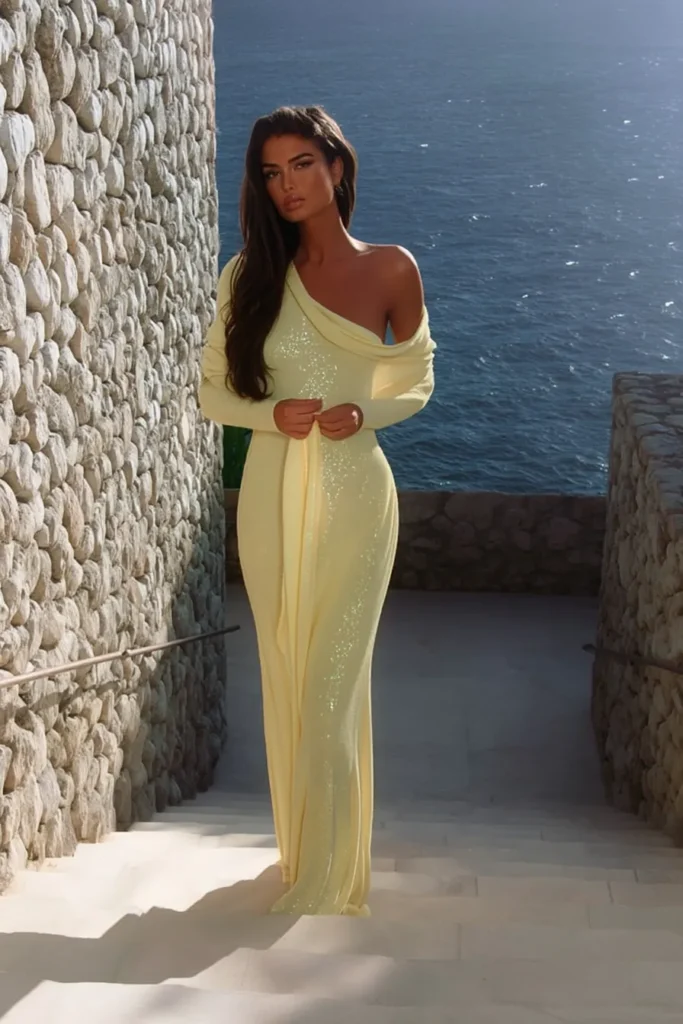 Glamorous summer vacation outfits yellow off-shoulder knit dress with figure-hugging silhouette for warm weather travel