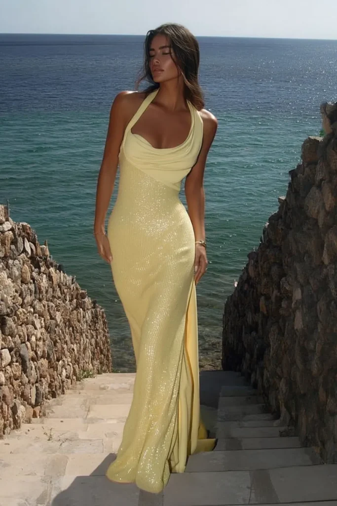 Glamorous yellow sequin gown featured in tropical vacation outfits, ideal for beachside dinners or luxury resort evenings.