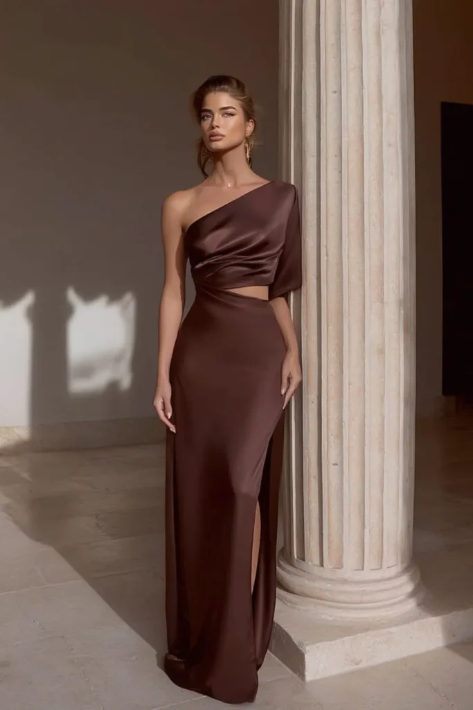 Luxurious chocolate brown two-piece wedding guest dress with one-shoulder top, fitted skirt, and thigh-high slit for elegant wedding celebrations