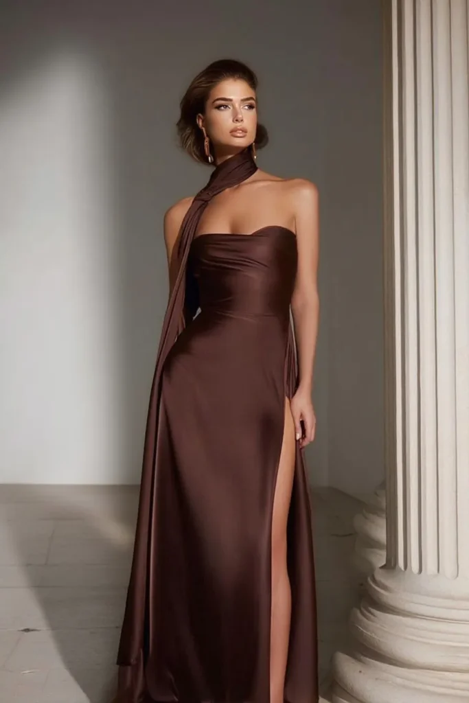 Luxurious elegant wedding guest dress featuring convertible neck wrap design, form-fitting silhouette, and elegant side slit in warm chocolate tone.