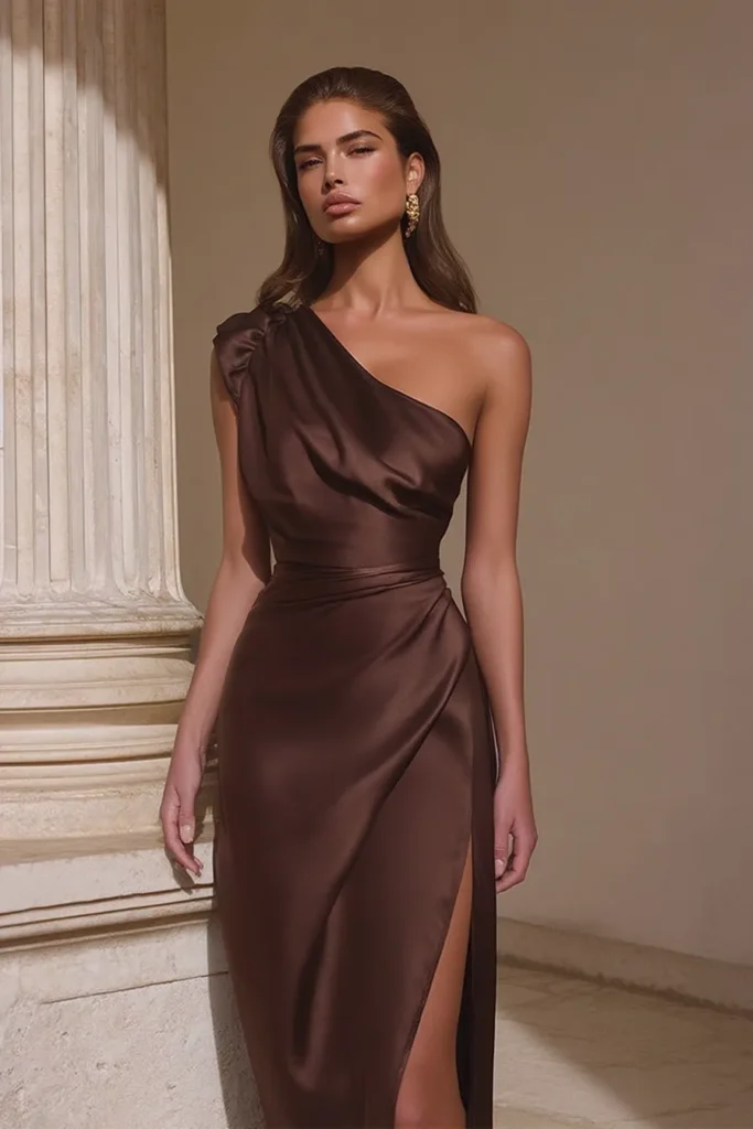 Luxurious fall wedding guest dress with draping, form-fitting silhouette, styled with gold accessories and leg-revealing split in deep autumn brown colour