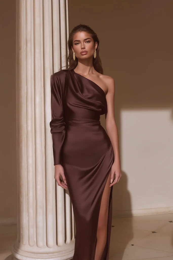 Model wearing a luxurious chocolate satin gown with structured one-sleeve and ruched waistline, styled as a wedding guest dress fall look suitable for cooler evening celebrations.