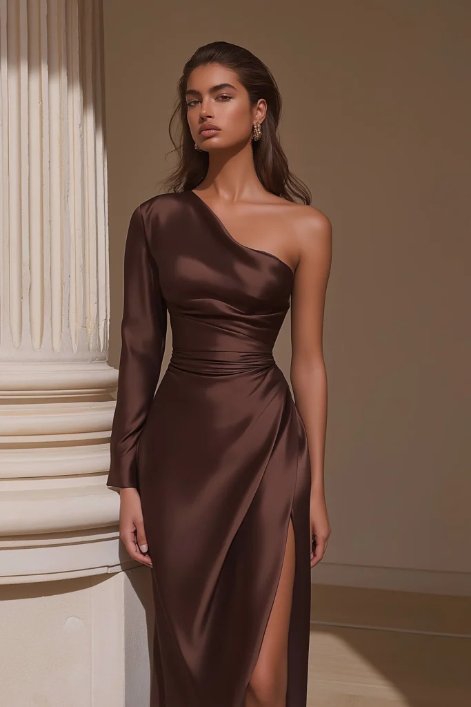 Model wearing a luxurious chocolate satin gown with structured one-sleeve and ruched waistline, styled as a wedding guest dress fall look suitable for cooler evening celebrations.