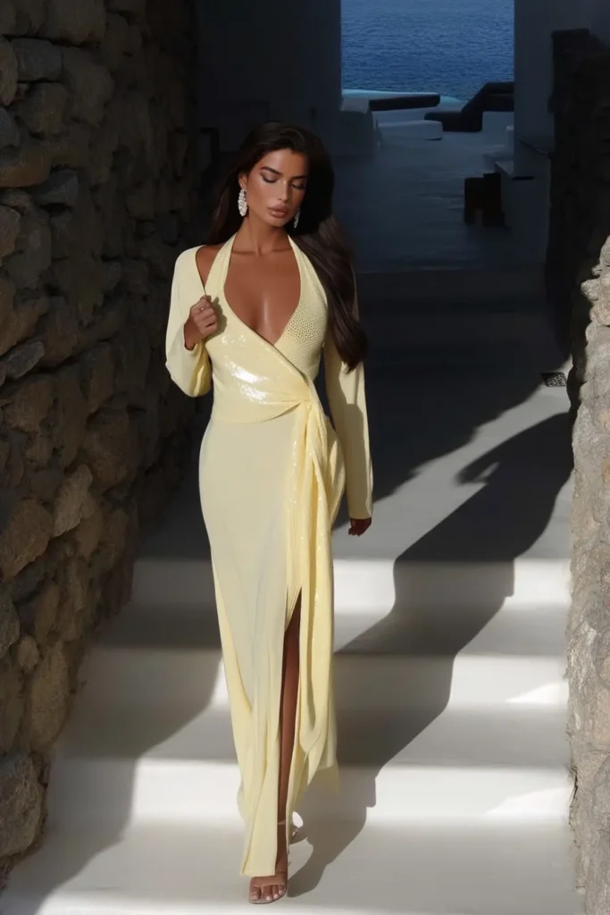 Model wearing a sparkly lemon dress with long sleeves on a sunlit staircase, capturing one of the best cute vacation outfits for stylish summer holidays.
