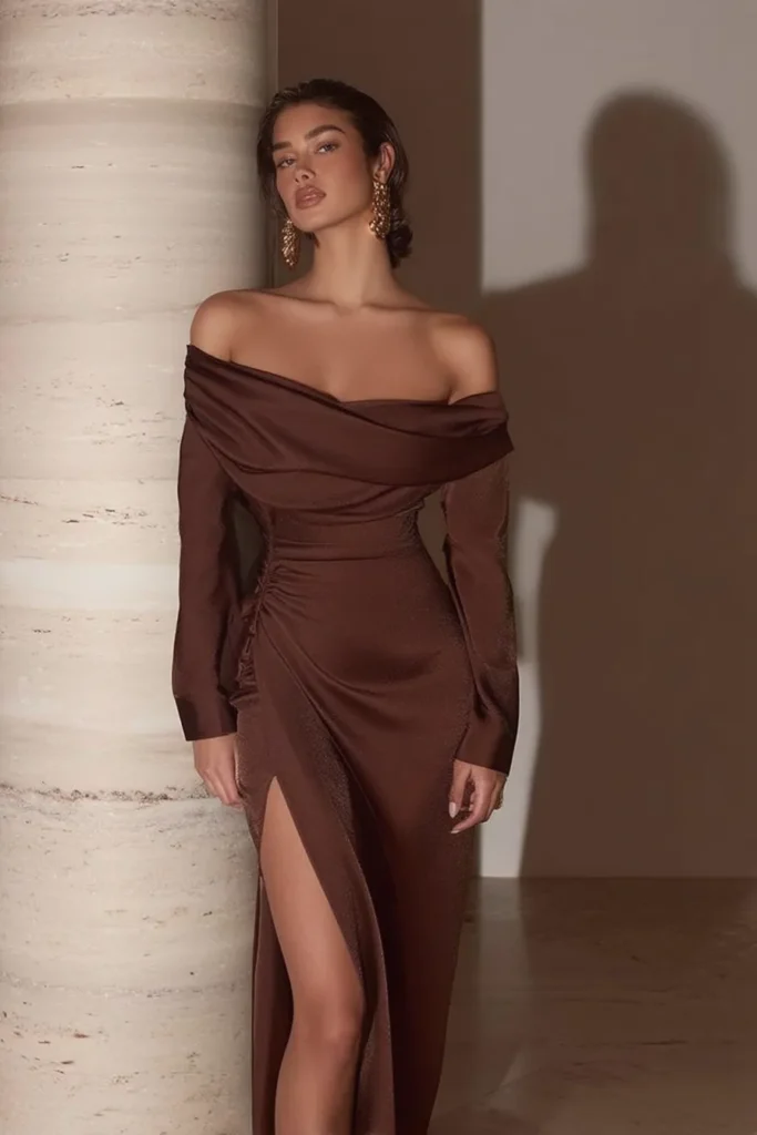 Model wearing an off-the-shoulder brown satin fall wedding guest dress with long sleeves and a high slit, styled with gold statement earrings for an elegant evening wedding look.
