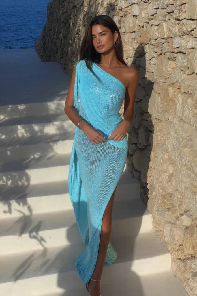 Sophisticated Pastel blue one shoulder sequin evening dress representing upscale summer vacation outfits for resort wear styling