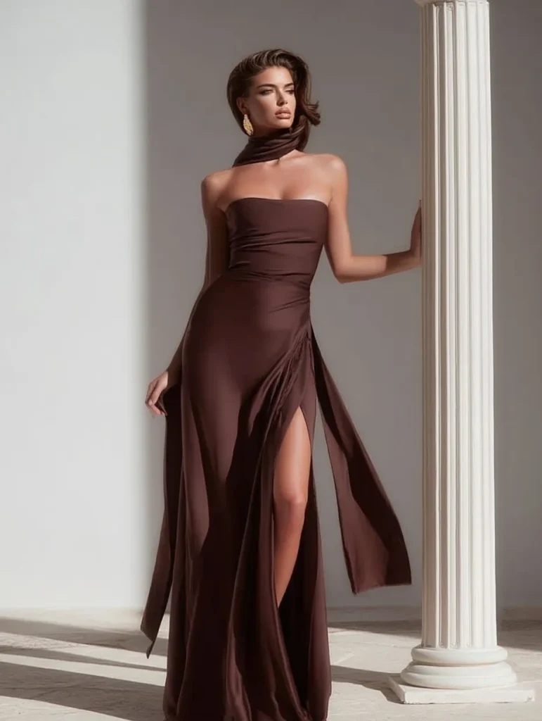 Sophisticated elegant wedding guest dress featuring one-shoulder draping, fitted silhouette, and side slit in luxurious brown satin fabric