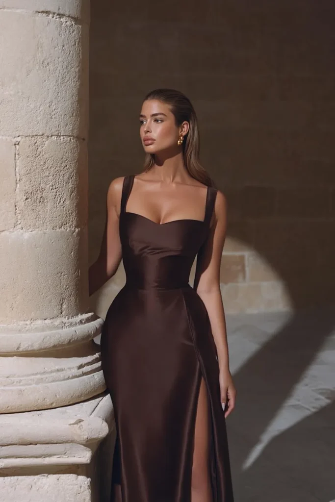 Sophisticated fall wedding guest dress with sweetheart bust detail, supportive wide straps, and figure-flattering silhouette in deep brown satin fabric