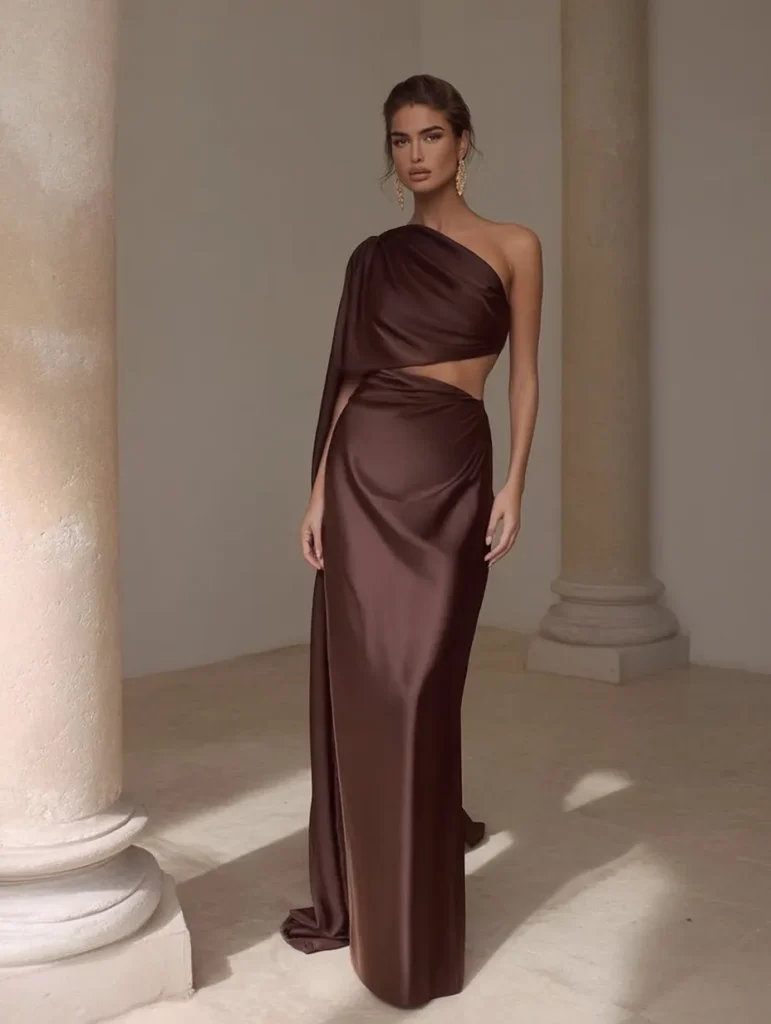 Stunning brown formal wedding guest dress showcasing modern cut-out design, asymmetrical silhouette, and flowing train for special occasion styling