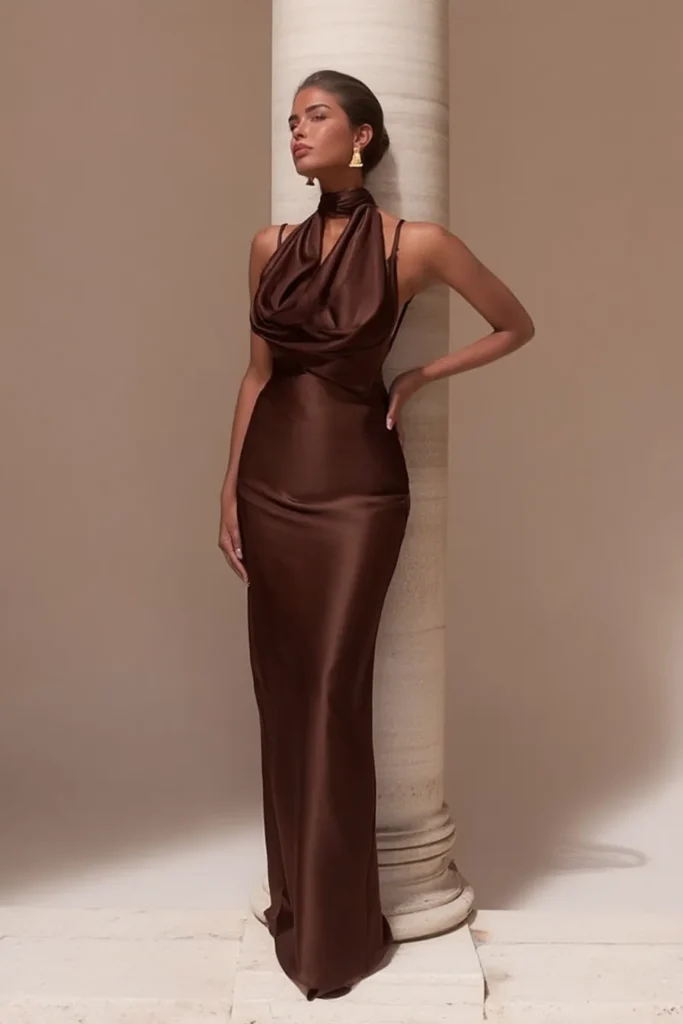 Stunning brown wedding guest dress featuring cascading cowl neck draping, delicate adjustable straps,  styled with gold accessories for upscale wedding guest attire