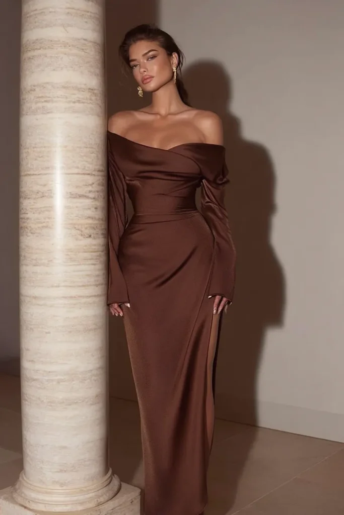 Stunning chocolate brown off-shoulder fall wedding guest dress with long fitted sleeves, wrap-style bodice, and floor-length silhouette featuring a dramatic side slit