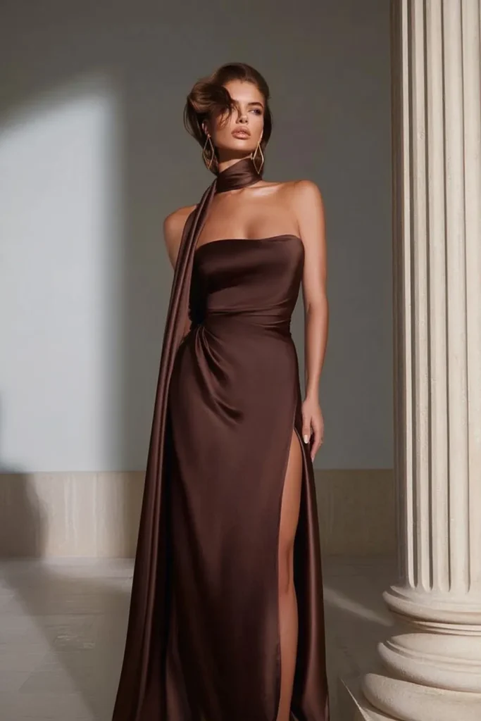 Stunning elegant wedding guest dress with detachable neck scarf styling, sleek column shape, and leg slit in brown satin fabric, styled with gold earrings