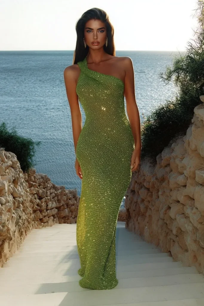 Stunning model in a green one-shoulder dress with shimmering sequin embellishments and cascading pearl earrings, luxurious summer vacation outfits for exclusive coastal getaways and yacht parties