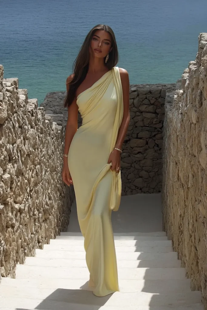 Stunning modest vacation outfits yellow draped maxi dress with asymmetrical neckline perfect for classy beach and destination wear
