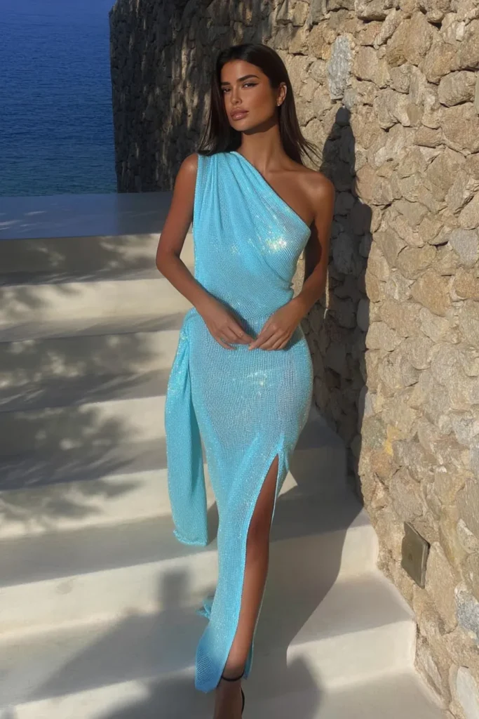 Stunning pastel blue one-shoulder sequin maxi dress styled with gold jewellery and heels showcasing chic summer vacation outfits for coastal destinations