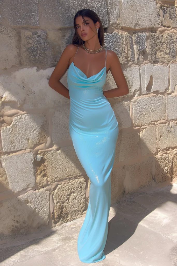 Stunning pastel blue sequin cowl neck slip dress with gold chain necklace perfect for elegant summer vacation outfits against Mediterranean stone wall architecture