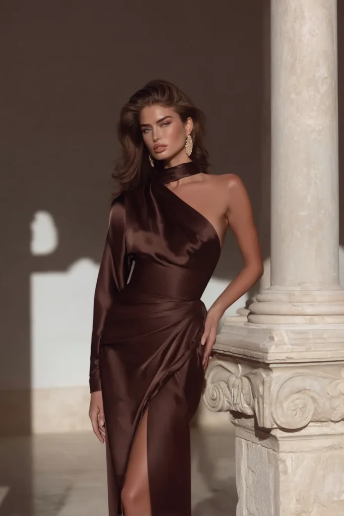 Stunning rich brown wedding guest dress fall featuring elegant one-shoulder neckline, draped satin construction, figure-flattering fit