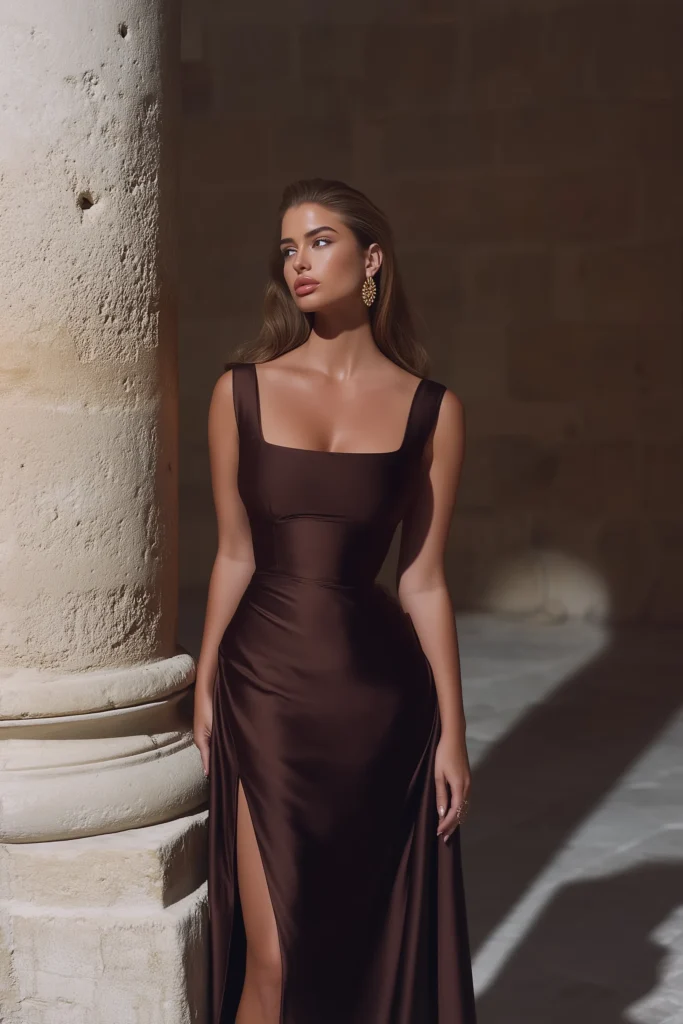 Timeless old money wedding guest dress with square neck, tailored bustier-style bodice, wide shoulder straps, cinched waist, and graceful maxi length with thigh-high split detail.