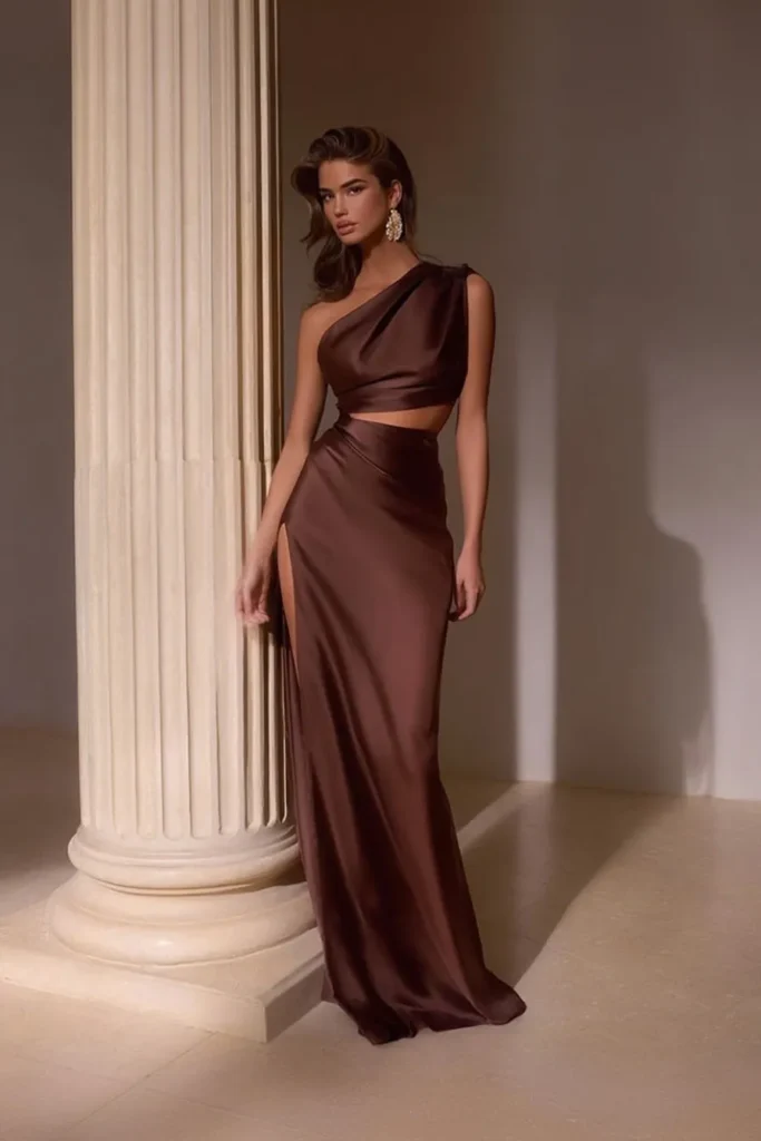 Wedding guest dress in rich chocolate brown featuring a one shoulder neckline and cut out waist with side slit, and elegant autumn dress