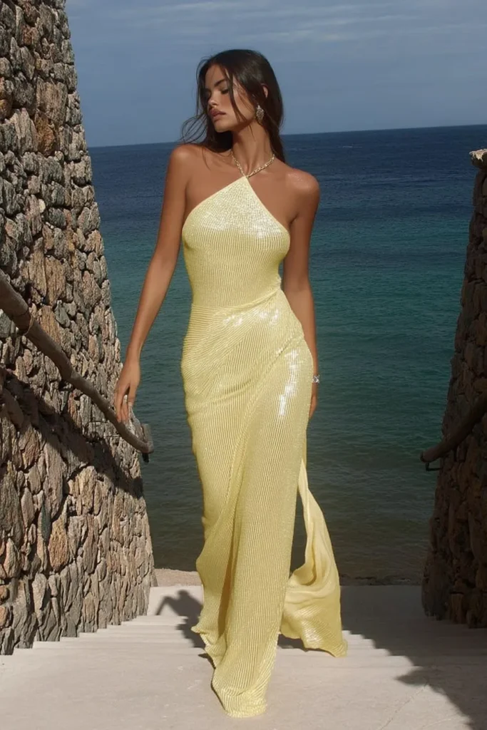Woman in a glowing lemon dress walking along seaside steps, capturing the effortless glamour of beach outfits women vacation trends for summer travel.
