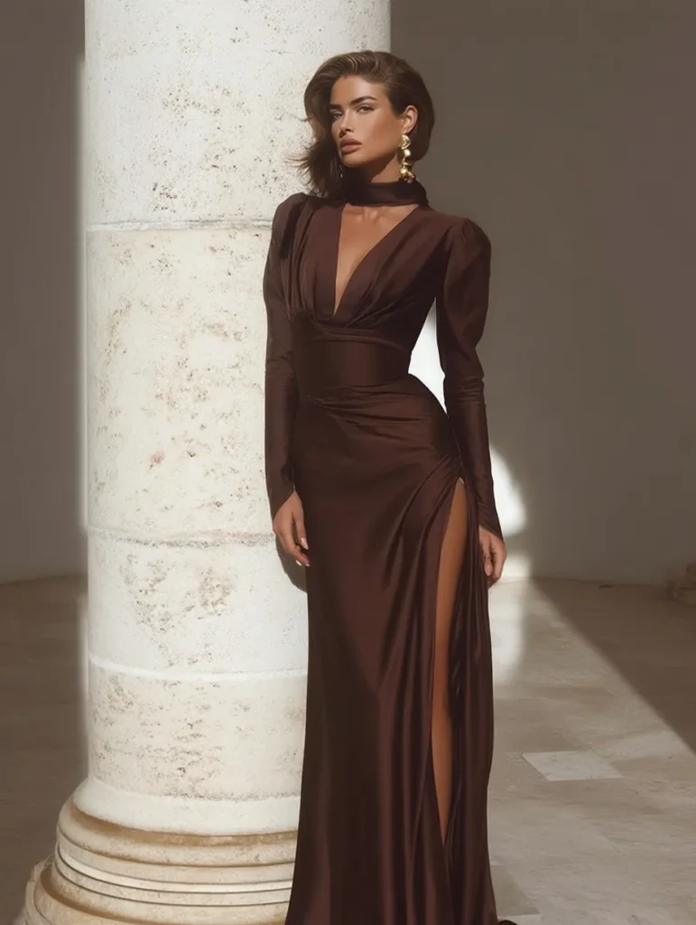 Woman wearing elegant chocolate brown long sleeve fall wedding guest dress with plunging neckline and high collar detail for autumn wedding celebrations