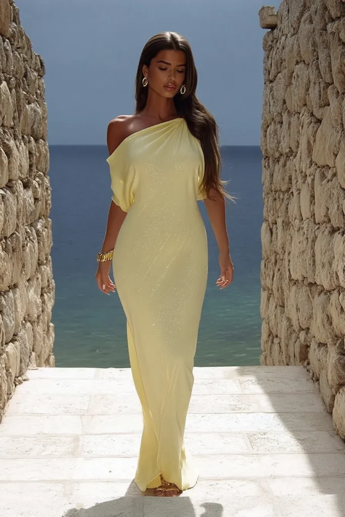 Woman wearing elegant yellow one-sleeve maxi dress representing stylish modest vacation outfits for beach and resort destinations