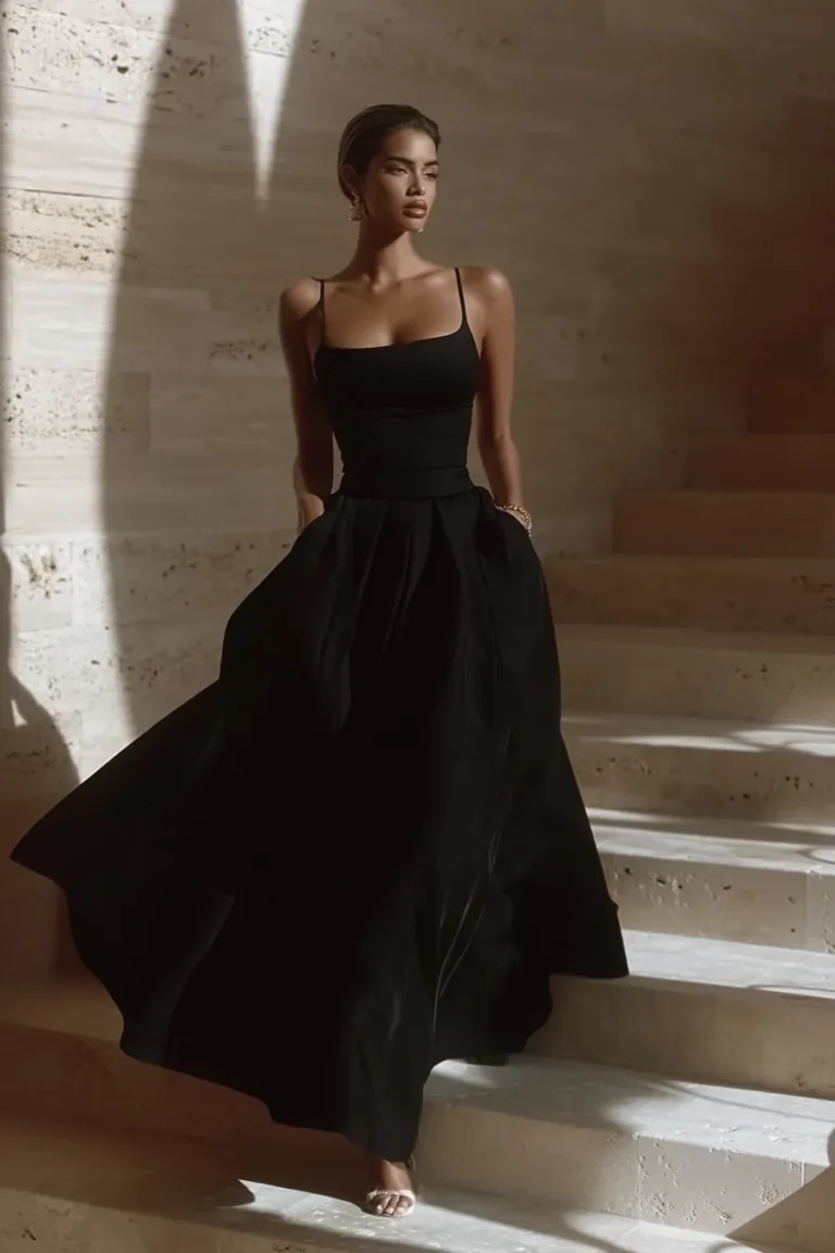 Black satin old money wedding guest dress with floor-length strapless design and delicate jewelry — stunning outfit choice for elegant autumn weddings