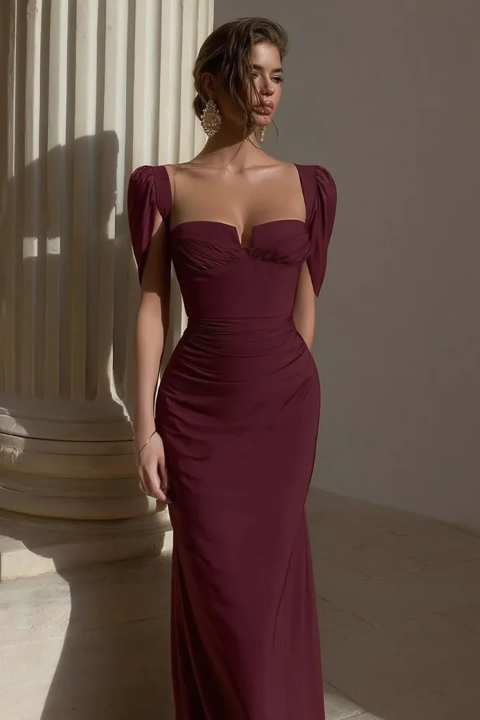 Chic burgundy Fall Wedding Guest Dress October with sweetheart bodice, off-shoulder puff sleeves,  perfect fall wedding guest dress ceremonies, rich autumnal coloring and formal evening wear