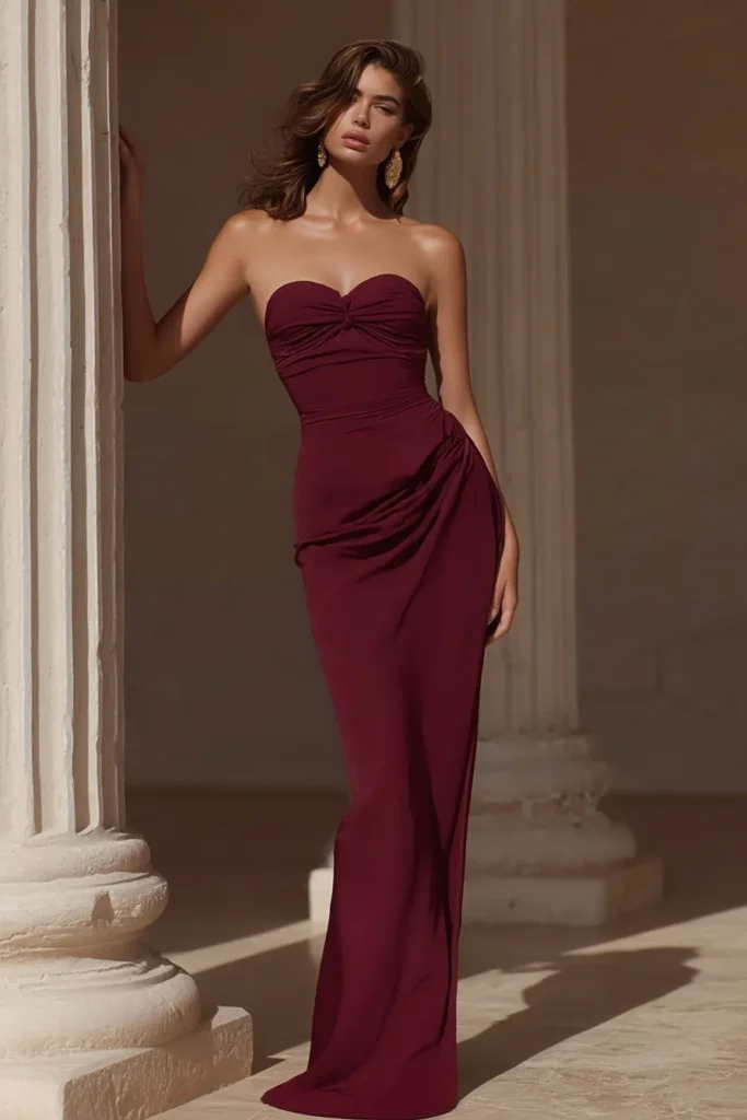 Chic classy wedding guest dress in deep burgundy with strapless sweetheart neckline, sleek body-hugging fit, and elegant floor-sweeping length perfect for stylish autumn wedding guest attire