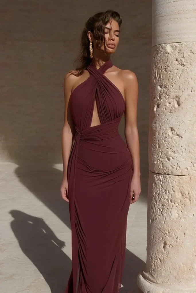 Chic dress for wedding guest in burgundy with show-stopping halter neckline, fitted ruched bodice, and sophisticated long hemline formal wedding occasions