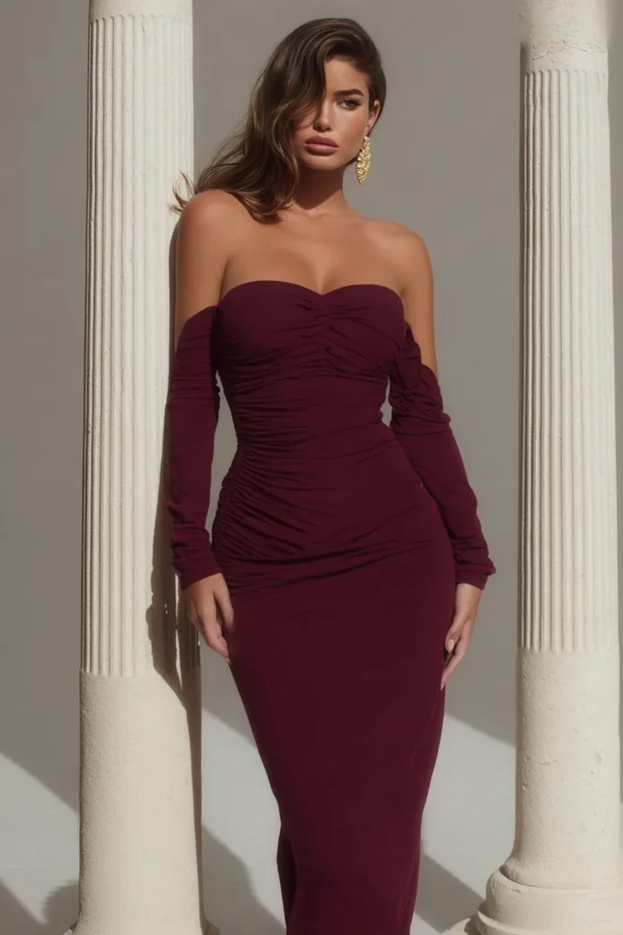 Chic old money wedding guest dress rich burgundy hue with glamorous off-shoulder sweetheart neckline, fitted silhouette, and sophisticated long-sleeves for elegant wedding occasions