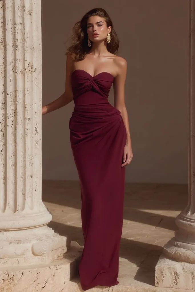 Classy wedding guest dress in burgundy, a strapless sweetheart neckline with bodice detail, figure-hugging silhouette, and elegant floor-length design perfect for formal autumn wedding celebrations