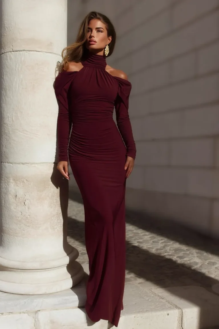 Elegant autumn wedding guest dress in luxurious burgundy tone with high neckline and shoulder cutouts, sleek body-contouring fit, and floor-sweeping design for fall wedding events