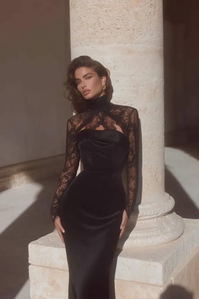 Elegant black fall wedding guest dress, with lace long sleeves, high neckline with lace detailing, cutout design, and gold statement earrings perfect for autumn wedding celebrations