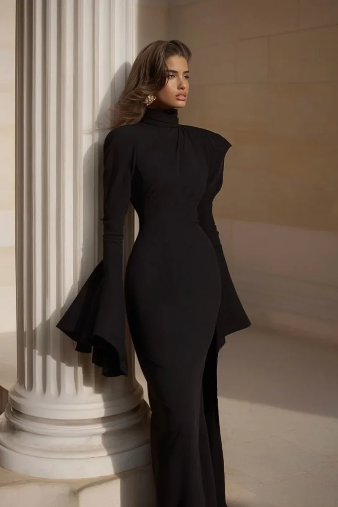 Elegant black formal wedding guest dress featuring a turtleneck, bodycon design, long sleeves, with statement gold jewelry for sophisticated autumn wedding guest outfit and formal events.