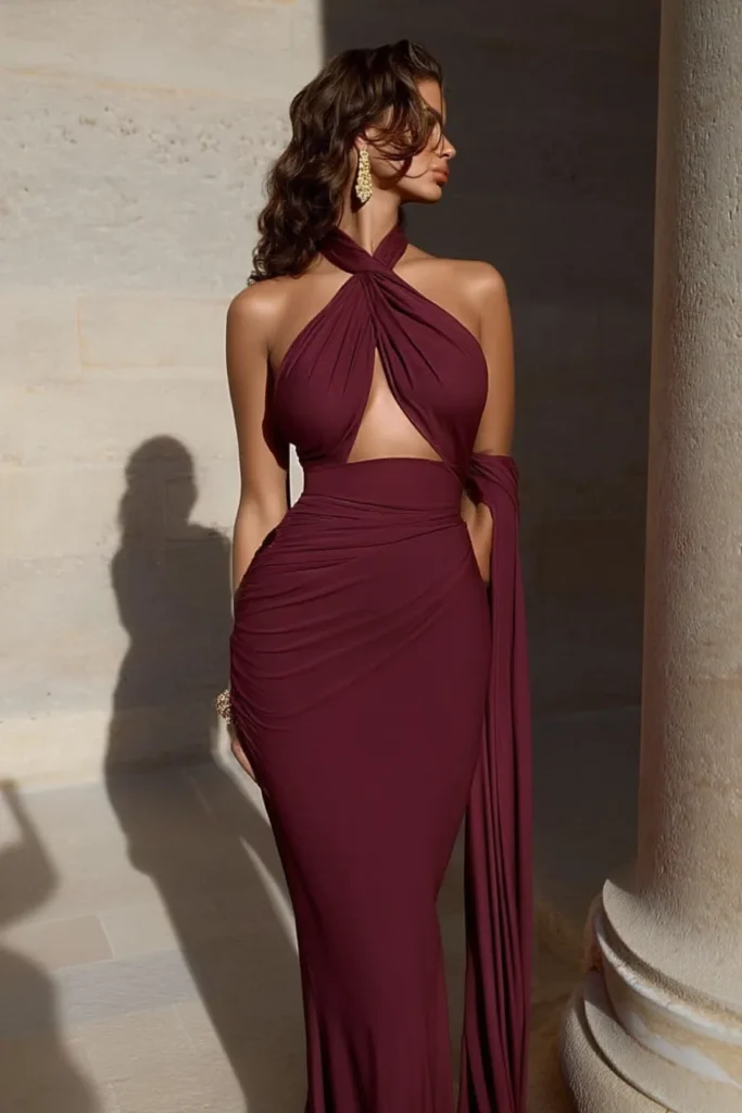 Elegant dress for wedding guest in luxurious burgundy with halter neckline, eye-catching ruched fabric detailing, body-contouring fit, and floor-sweeping design for black-tie wedding events